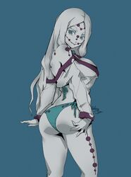 ass ass_focus big_breasts blue_background body_markings bubble_butt crop_top demon_girl demon_slayer facial_markings female female_only hand_on_ass kimetsu_no_yaiba long_hair looking_back mother_spider_demon relaxjon silver_eyes solo swimsuit thick_eyebrows white_hair white_skin