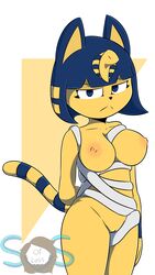 2021 animal_crossing ankha anthro felid feline felis female female_only fur furry furry_only hand_behind_back hi_res large_breasts looking_at_viewer mostly_nude naked nintendo nude pussy simple_background sos_or_loss tail wrappings