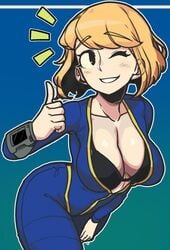 1girls big_breasts blonde_hair bodysuit bra breasts cleavage computer electronics fallout female human looking_at_viewer mob_face pip-boy powtaytow3333 solo solo_female tagme tight_clothing unzipped_bodysuit vault_girl vault_suit wink wristwear