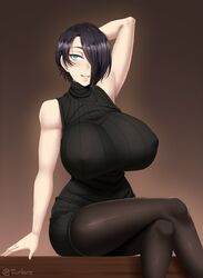 1girls aqua_eyes armpits bare_shoulders big_breasts black_hair black_sweater breasts cleavage clothed clothes clothing erect_nipples erect_nipples_under_clothes female female_focus female_only fully_clothed hair_over_one_eye high_resolution highres hips huge_breasts human human_only humanoid large_breasts leggings legs_crossed nipples_bulge original original_character puffy_nipples saya_(twrlare) sleeveless solo solo_female thick thick_thighs thighs twrlare wide_hips