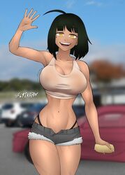 1girls beauty_mark black_hair carwash cleavage crop_top cutoffs female female_only flytrapxx large_breasts liz_(flytrapxx) looking_at_viewer oc original original_character shorts smile solo solo_female sponge tan_skin tank_top waving wet_skin yellow_eyes