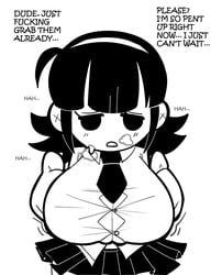 1girls alternate_version_available big_breasts black_hair busty button_gap buttons cleavage curvy dialogue dotodonoto female heavy_breathing large_breasts mob_face original original_character panting school_uniform skirt stinky_(dotodonoto) text tight_clothing