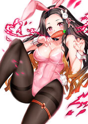 alternate_costume black_hair blush bunny_ears bunny_tail cleavage demon_slayer female female_only garter hair_ornament kamado_nezuko kimetsu_no_yaiba long_hair looking_at_viewer medium_breasts object_in_mouth pantyhose pink_eyes sharp_fingernails shiny_skin solo thick_thighs thigh_strap tight_clothing two_tone_hair wrist_cuffs