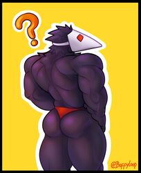 ? ass bara black_fur buffyloop bulge deltarune furry gay muscle question_mark red_eyes red_underwear shiny shiny_ass shiny_skin swatchling_(deltarune) thong undertale underwear yaoi