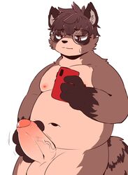 2021 absurd_res anthro balls belly bodily_fluids brown_body canid canine cellphone chobab_789 erection eyewear genitals glasses hi_res humanoid_genitalia humanoid_hands humanoid_penis kemono male male_only mammal moobs navel nipples overweight overweight_male penis phone raccoon_dog simple_background smartphone solo sweat tanuki white_background