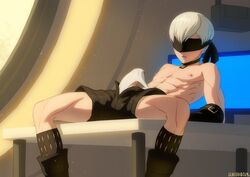 1boy abs balls black_blindfold black_boots black_choker black_gloves black_shorts blindfold boner choker erect_penis erection gloves human leaning_back light_skin male male_focus male_only muscular muscular_male muscular_shoulders muscular_thighs nier:_automata nipples pecs penis schizoid short_hair short_white_hair solo solo_male spread_legs tenting testicles toned toned_male topless white_hair yorha_9s