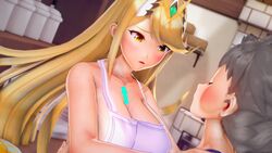 3d apron blonde_hair happy happy_sex heart heart-shaped_pupils love mythra rex_(xenoblade) sex sex_in_kitchen textless tongue xenoblade_(series) xenoblade_chronicles_2 yellow_eyes