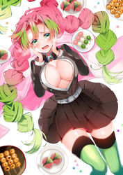 big_breasts blush braided_hair cleavage clothing demon_slayer demon_wings female female_only food green_eyes kanroji_mitsuri kimetsu_no_yaiba long_hair looking_at_viewer mole_under_eye no_bra on_back open_mouth open_shirt pink_hair piyopoyo pleated_skirt skirt solo thighhighs two_tone_hair unbuttoned_shirt very_long_hair