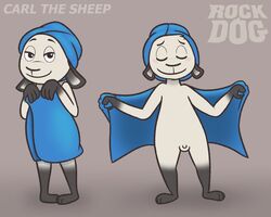 anthro blue_clothing blue_hat blue_headwear blue_towel blush bovid brown_body brown_fur caprine carl_the_sheep clothing english_text fur genitals hat headgear headwear male mammal nishi_oxnard penis rock_dog shadow sheep small_penis smile solo tan_body tan_fur text