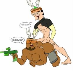 2boys 5_fingers 5_toes anal anal_insertion anal_sex bara barefoot beefy biceps big_ass big_butt big_penis black_hair black_shirt bottomless bottomless_male bubble_ass bubble_butt buttsex cartoon_network chest cocky daddy deer_horns dialogue dj_(tdi) dot_eyes dotted_eyes duncan_(tdi) english_text eyebrow_piercing feet fraternity gay gay_sex goatee goggles good_boy grabbing_shirt green_hair grey_shorts half-closed_eyes iyumiblue male male_only manly mohawk mohawk_(hairstyle) muscular_chest muscular_pecs open_legs open_mouth orange_goggles paintball_gun pecs pectorals piercing piercings shirt_lift simple_background soul_patch speech_bubble spiked_collar spread_legs spreading surprise surprise_buttsex surprise_sex surprised surprised_expression surprised_face talking_to_partner teal_eyes teeth testicles text text_bubble thick_ass toes tongue topless topless_male total_drama_island unibrow verbal white_background white_skin yaoi yellow_sleeves