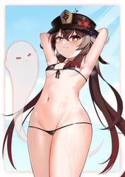 :3 alternate_costume armpits arms_behind_back bangs bare_shoulders bikini black_bikini blue_sky blush breasts brown_hair cleavage cloud cloudy_sky collarbone commentary_request eyebrows_visible_through_hair female genshin_impact ghost groin hair_between_eyes highres hu_tao_(genshin_impact) long_hair looking_at_viewer lucifina_006 micro_bikini midriff navel orange_eyes sidelocks sky small_breasts smile spaghetti_strap swimsuit symbol-shaped_pupils thighs twintails