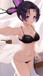 black_bra black_hair black_panties blush bra butterfly_hair_ornament cleavage cqingwei dark_hair demon_slayer female female_only kimetsu_no_yaiba kochou_shinobu lace-trimmed_bra looking_at_viewer medium_hair panties purple_eyes purple_hair solo two_tone_hair underboob underwear wide_hips