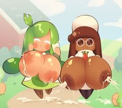 2girls alternate_version_available anthro big_breasts breasts breasts_out ch3rrycupcakes cocoa_cookie cookie_run female_only huge_breasts lactation milk nipples spinach_cookie tagme