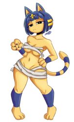 animal_crossing ankha bandage belly black_eyes blue_stripes breasts cat_ears cat_mouth cat_tail claws convenient_censoring convenient_censorship darboo egyptian felid feline felis female fur furry furry_only half_naked half_nude looking_at_viewer nintendo nude paws solo standing striped_fur striped_tail tail thick_thighs underboob white_background yellow_fur