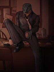 anthro blacksad clothed clothing cogumelos_roxos digital_media_(artwork) genitals lizard male male_only reptile scalie slit solo suit teasing