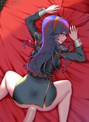 1girls anus ass back_view backboob bare_legs big_ass blue_eyes blue_hair bottomless breasts censored cum cum_in_pussy cum_inside female fire_emblem fire_emblem_awakening long_hair looking_back lucina_(fire_emblem) medium_breasts newmoonshira nintendo on_bed on_stomach open_mouth pillow pussy sex solo_focus spread_legs tiara vaginal_penetration