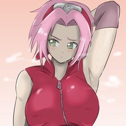 1girls armpits arms_up big_breasts blush breasts brown_eyes clothed_female clothing faceless_male female female_focus groping huge_breasts naruto naruto_(series) naruto_shippuden pink_hair rhythm_yuki sakura_haruno sexy_armpits sweat sweaty_armpits