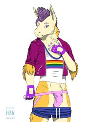 3:4 absurd_res anthro bottomwear bulge camelid clothing guanaco hi_res horzeb jacket jockstrap lgbt_pride male male_only mammal pride_colors rainbow_flag rainbow_pride_flag rainbow_symbol shorts six-stripe_rainbow_pride_colors solo topwear underwear wuako_wanako