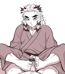 bar_censor barefoot demon_slayer erection foot_fetish footjob gay kimetsu_no_yaiba kimono looking_at_viewer male male_only male_pov monochrome penis pubic_hair rengoku_kyoujurou shiwashiwa_no_kinchakubukuru thick_eyebrows two_tone_hair yaoi