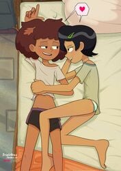 2girls amphibia anne_boonchuy barefoot belly_button clothing cute dark-skinned_female disney disney_channel feet female_only hair_pin heart_shape holding_hands laying_on_bed leg_on_thigh light-skinned_female marcy_wu pajamas panties short_black_hair short_brown_hair signature sleepover straight_hair toes top_down_view triplevexx underwear white_bed_sheet wholesome yuri