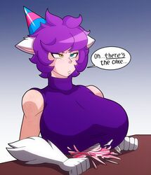 big_breasts birthday birthday_cake birthday_hat blindstash cat_ears clothed clothed_breasts disappointed evelyn_yashiro heterochromia large_breasts purple_hair squished tagme unamused