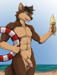 1boy 2021 3:4 5_fingers anthro balls baroque_(artist) beach black_nose blue_eyes brown_body brown_fur brown_hair canid canine canis casual_nudity claws dessert digital_media_(artwork) finger_claws fingers flaccid food fur genitals hair hi_res humanoid_genitalia humanoid_hands humanoid_penis ice_cream inflatable inner_tube looking_at_viewer male male_only mammal multicolored_body multicolored_fur navel nude open_mouth open_smile outside penis sand seaside signature smile solo tan_body tan_fur two_tone_body two_tone_fur water wolf