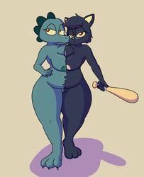 alligator alligatorid anthro baseball_bat bat_(object) bea_santello breasts conjoined crocodilian domestic_cat duo felid feline felis female genitals hi_res mae_borowski mammal multi_head night_in_the_woods pussy reptile scalie skewedl0gic video_games weapon