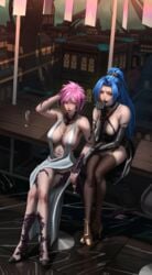 2girls artist_request au_ra big_breasts blue_hair cleavage decima dress final_fantasy final_fantasy_xiv garlean happy_female high_heels horn horns horny_female lesbians light_skin long_hair multiple_girls pink_hair short_hair sin_faye skimpy skimpy_clothes stockings tail xaela