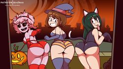 3girls artist_name ass backboob bean_smile big_ass black_clothing black_sclera blue_gloves blue_hat blue_stockings blue_thighhighs breasts brown_eyes brown_hair butt cat_ears cat_paws cheering clothing covered_nipples demon_horns demon_tail demon_wings exposed_ass exposed_butt fake_animal_ears fake_ears fake_horns fake_tail female female_focus female_only green_hair halloween halloween_costume lace light-skinned_female light_skin long_gloves long_hair looking_at_another looking_at_viewer looking_back male_pov mina_ashido my_hero_academia neko ochako_uraraka panties patreon patreon_username paws pink_hair pink_skin pov red_clothing red_lace red_stockings red_wings semidraws short_hair skirt smile smiling_at_viewer stockings teeth_clenched teeth_showing thighhighs tsuyu_asui underwear watermark wings witch_hat yellow_eyes