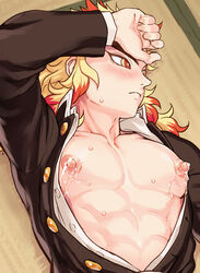 1boy abs big_nipples blonde_hair demon_slayer embarrassed erect_nipples kimetsu_no_yaiba lactation looking_away male male_lactation male_only muscular muscular_male on_back open_shirt rengoku_kyoujurou shiwashiwa_no_kinchakubukuru solo sweat thick_eyebrows two_tone_hair unbuttoned_shirt upper_body