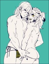 2boys ass back_muscles blush demon_slayer fundoshi hair_down kimetsu_no_yaiba kyu_717 looking_at_viewer looking_back male male_only muscular muscular_male removing_underwear rengoku_kyoujurou restricted_palette sweatdrop thick_eyebrows underwear underwear_only uzui_tengen yaoi