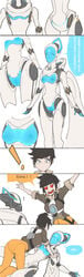 2d 2girls blizzard_entertainment breasts breasts_out censored comic echo_(overwatch) lan_mao_akko overwatch panels pussy robot short_hair tracer yuri