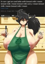 apron big_ass big_breasts big_butt big_thighs black_hair breasts english_text goal green_eyes hourglass_figure huge_ass huge_breasts huge_butt huge_hips huge_thighs iced_latte_with_breast_milk lactating lactation leo_(richdraw) light_skin looking_at_viewer meme milk naked_apron nipple_slip nipples pen ponytail rachell_(blackworld) rachell_(richdraw) richdraw starbucks text thick_ass thick_legs thick_thighs thighs voluptuous wide_hips