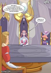 adora bright_moon clothed clothing comic comic_page dialogue female female_only fully_clothed glimmer_(she-ra) light-skinned_female light_skin netflix nsfani pale_skin queen_angella she-ra_and_the_princesses_of_power table text