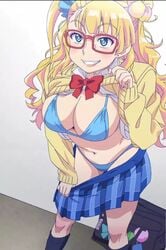 1girls artist_request bikini bikini_under_clothes blonde_hair blue_bikini blue_bikini_bottom blue_bikini_top blue_bra blue_panties bra breasts female galko glasses oshiete!_galko-chan panties red_glasses school_uniform shirt_lift skirt_down solo source_request stripping swimsuit swimsuit_under_clothes