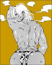 back_muscles back_view demon_slayer fundoshi hair_down kimetsu_no_yaiba kyu_717 looking_at_viewer looking_back male male_only monochrome muscular_male solo sweat uzui_tengen visible_breath yellow_background