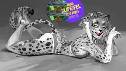 16:9 advertisement anthro black_and_white cheetah clothing digital_media_(artwork) eclair_(my_life_with_fel) felid feline female hair hi_res kenno_arkkan mammal monochrome short_hair solo underwear widescreen