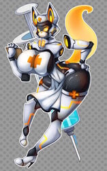 absurd_res android animal_humanoid armor artist-apprentice587 big_breasts breasts canid canid_humanoid canine canine_humanoid cybernetics digital_media_(artwork) female fox_humanoid hi_res humanoid joints kitsumy_(artist-apprentice587) machine mammal mammal_humanoid medical robot solo syringe