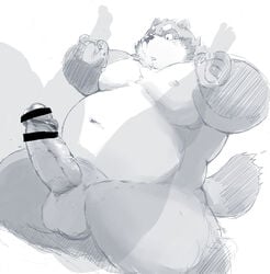 2021 anthro balls belly canid canine censored erection genitals hachirouta hi_res humanoid_genitalia humanoid_hands humanoid_penis kemono male mammal moobs navel nipples overweight overweight_male penis raccoon_dog solo_focus tanuki