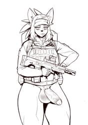 1futa 2021 anthro balls bangs blep bottomless bottomless_futanari bulletproof_vest canid canine canis clothed clothing digital_media_(artwork) domestic_dog erection foreskin furry futa_only futanari genitals gloves greyscale gun handwear hi_res humanoid_genitalia humanoid_penis intersex jina_choi looking_at_viewer mammal monochrome partially_clothed penis pubes ranged_weapon rifle rtr simple_background solo squatting standing tongue tongue_out uncut vein veiny_penis weapon white_background