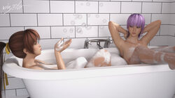 2girls 3d ayane_(doa) bathroom bathtub big_ass big_breasts brown_eyes brown_hair bubble_ass bubble_butt dead_or_alive kasumi_(doa) nude purple_hair red_eyes sisters vizeta yuri