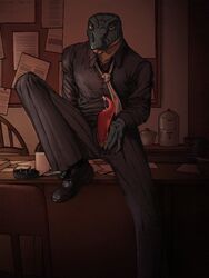 anthro blacksad bodily_fluids clothed clothing cogumelos_roxos digital_media_(artwork) dripping genital_fluids genitals lizard male male_only office penis precum precum_string reptile reptile_penis scalie slit solo suit teasing