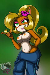 1girls anthro blonde_hair blush coco_bandicoot crash_(series) female fur furry large_breasts long_hair nipples overalls skullzlatte solo