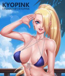 1girls alternate_costume alternate_version_available areola areola_slip beach big_breasts bikini blonde_hair blue_eyes blue_sky breasts cleavage clothed_female clouds curvaceous elbow_pads female female_only fishnets front-tie_bikini hair_over_one_eye ino_yamanaka kyopink looking_at_viewer midriff naruto naruto_(series) naruto_shippuden ocean open_mouth outdoors ponytail purple_bikini sky slim_waist solo_focus swimsuit tied_hair upper_body waving wide_hips