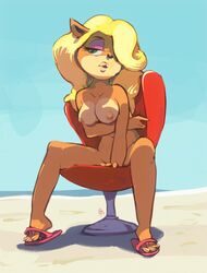 1girls anthro beach blonde_hair crash_(series) crash_(series) edtropolis feet female fur furry large_breasts lips long_hair nude sandals solo solo_female tawna_bandicoot toes