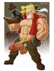 1boy abs balls big_penis blonde_hair blonde_pubic_hair blush boner clothed erection gun hair huge_cock large_penis male male_only marco_rossi metal_slug muscular penis pubic_hair snk solo wolf_con_f