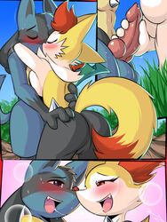 anthro anthro_on_anthro ass_grab ass_grope blue_eyes blush braixen canine female fox fox_ears fox_girl fox_tail foxgirl furry grabbing_penis groping_ass hand_on_ass hand_on_penis jackal jackal_ears kissing lucario making_out penis_in_hand pokémon_(species) pokemon pokemon_(species) red_eyes saliva saliva_on_tongue saliva_trail stroking_cock stroking_penis touching_penis yiff yiffing