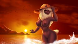 5_fingers anthro areola beach big_breasts black_areola black_body black_fur bovid breasts caprine clothed clothing curvy_figure female fingers fur hat headgear headgear_only headwear headwear_only hi_res horn looking_at_viewer mammal markings mole_(marking) mostly_nude mouthless nipples nude orange_clothing orange_headwear raychell sea seaside sheep solo summer swimwear water were werecaprine weresheep widescreen wool_(fur) xalda_(future_ver.)