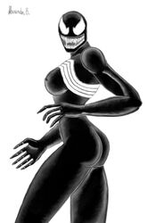 ass black_skin breasts color female female_only looking_at_viewer marvel marvel_comics open_mouth rule_63 sharp_teeth she-venom side_view smooth_skin solo spider-man_(series) standing venom white_background