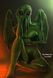 breasts color cthulhu cthulhu_mythos female female_only front_view genderswap_(mtf) green_skin h.p._lovecraft monster monster_girl nude red_eyes rule_63 sitting solo tagme wings
